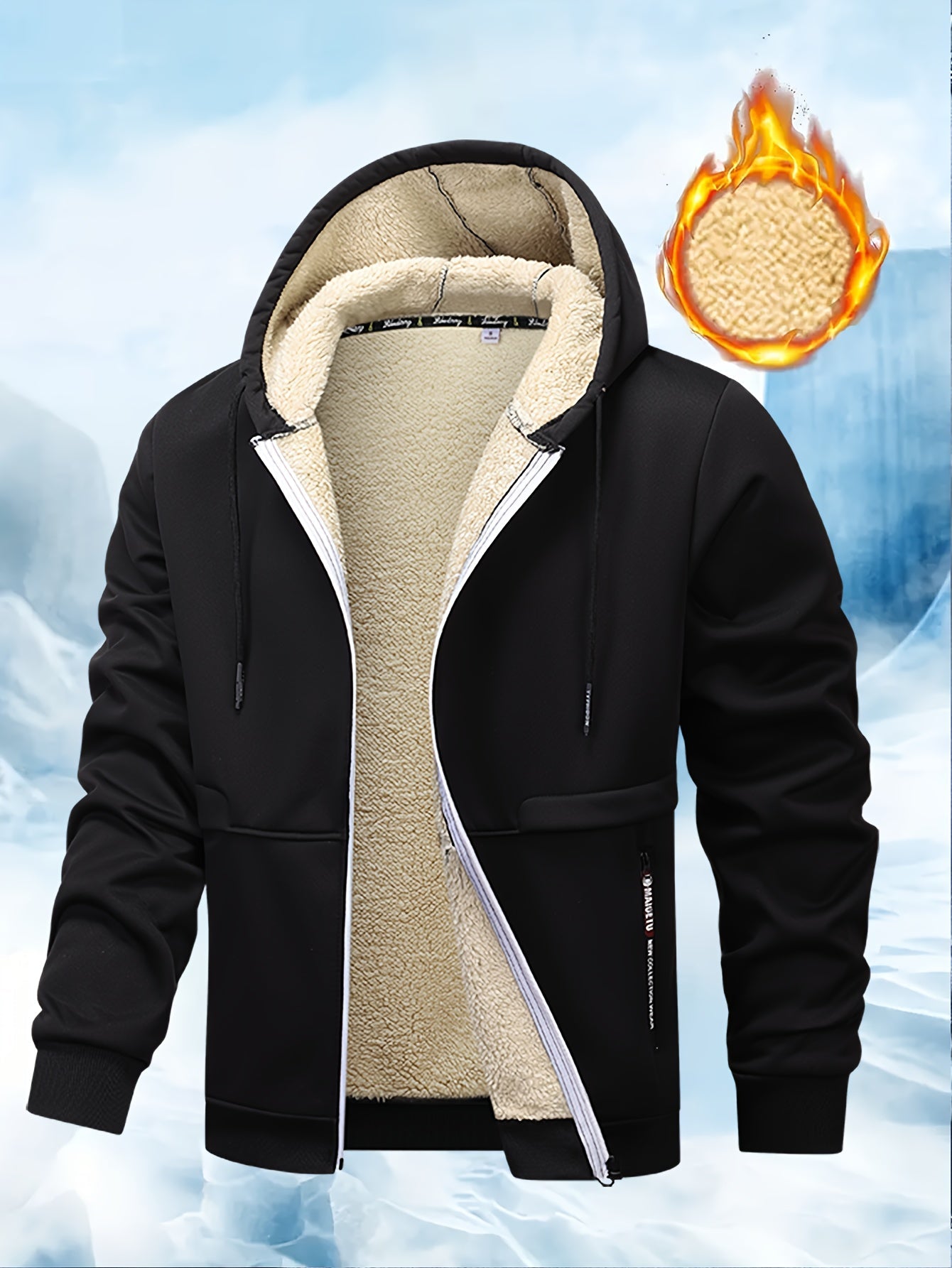 Warm Thick Men's Thermal Hooded Jacket with Sherpa Fleece Lined, Zipper Pockets, Zip-Up Coat for Fall/Winter