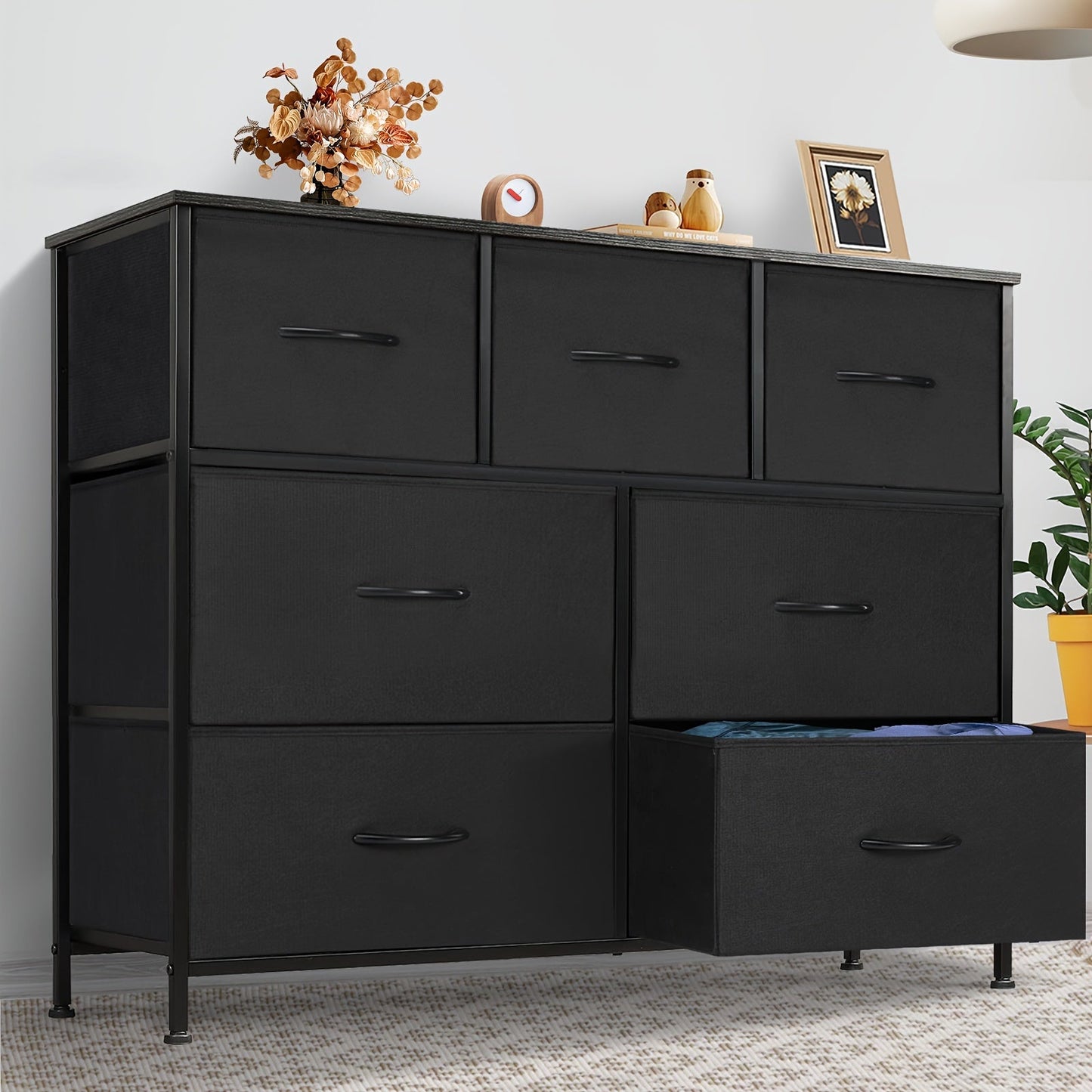 Idle Way Dresser For Bedroom, Fabric Closet Organizer With 7 Drawers, Dresser With Metal Frame And Wood Tabletop, Chest Storage Tower For Nursery, Living Room, Entryway For Lab