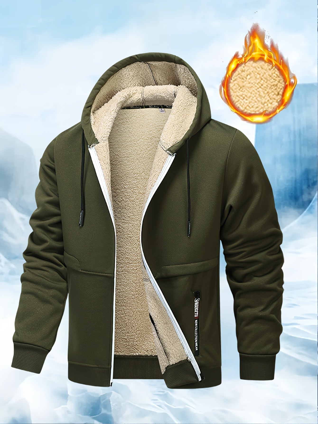 Warm Thick Men's Thermal Hooded Jacket with Sherpa Fleece Lined, Zipper Pockets, Zip-Up Coat for Fall/Winter