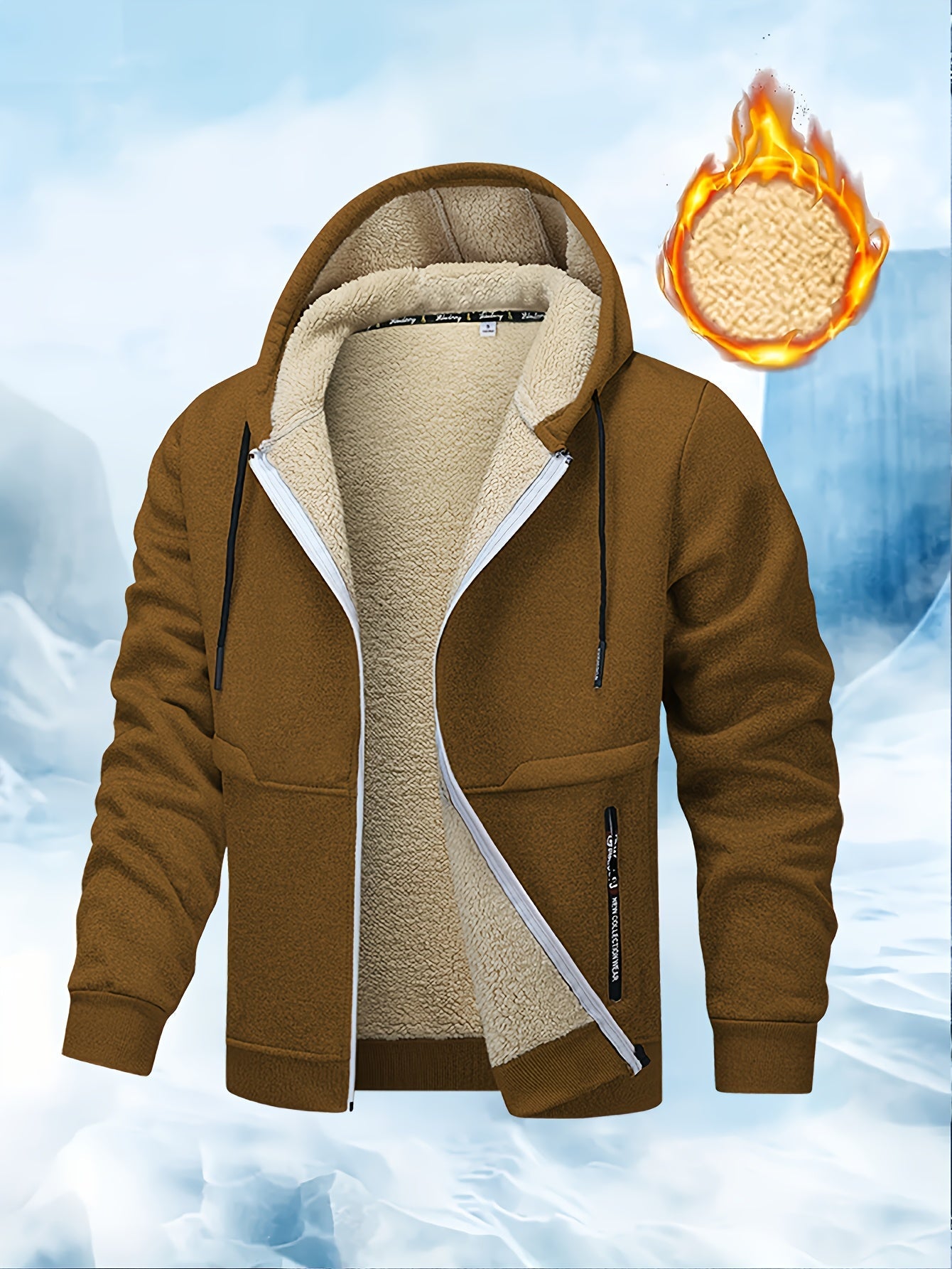 Warm Thick Men's Thermal Hooded Jacket with Sherpa Fleece Lined, Zipper Pockets, Zip-Up Coat for Fall/Winter