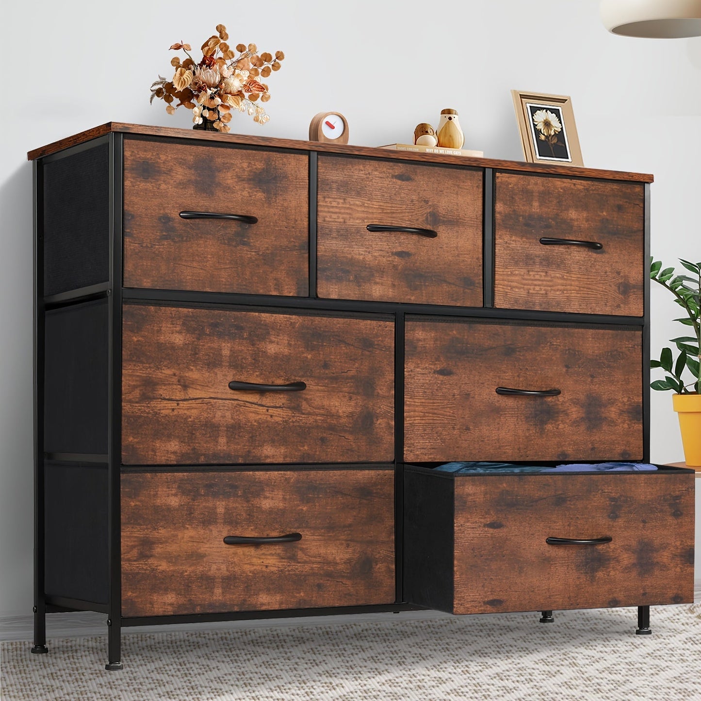 Idle Way Dresser For Bedroom, Fabric Closet Organizer With 7 Drawers, Dresser With Metal Frame And Wood Tabletop, Chest Storage Tower For Nursery, Living Room, Entryway For Lab