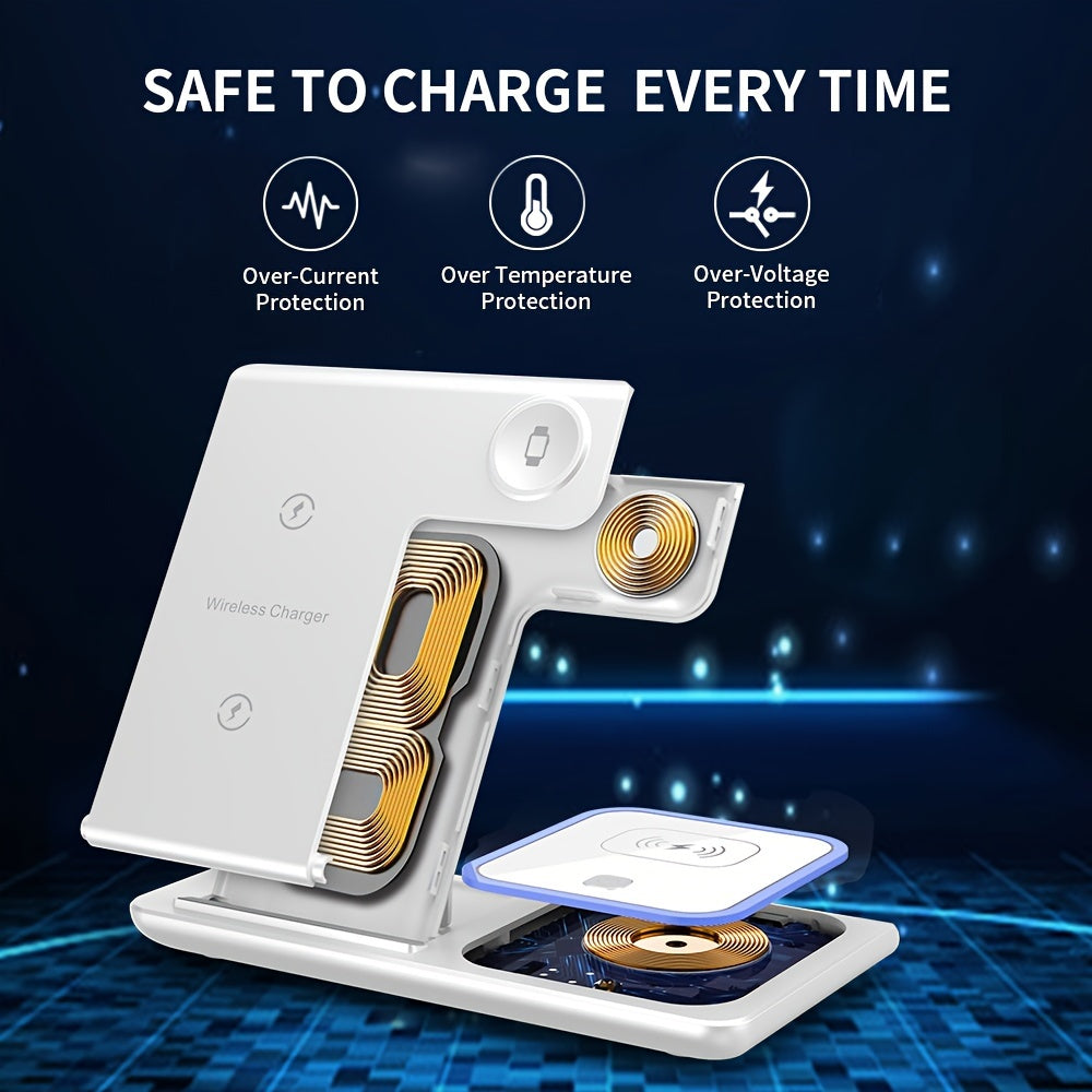 Wireless Charging Station 3-in-1 Standard 15W Fast Mag-Safe Charger Stand with QC3.0 Adapter, Suitable for iPhone 15 14 13 12 11 x 8 Pro Max/Pro/Mini/Plus, iWatch Ultra 9/8 7/6/5/4/3/2, AirPods 3/2