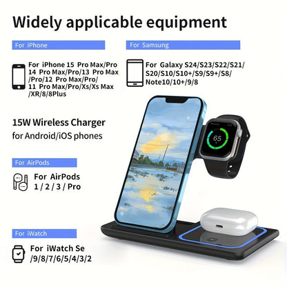 Wireless Charging Station 3-in-1 Standard 15W Fast Mag-Safe Charger Stand with QC3.0 Adapter, Suitable for iPhone 15 14 13 12 11 x 8 Pro Max/Pro/Mini/Plus, iWatch Ultra 9/8 7/6/5/4/3/2, AirPods 3/2